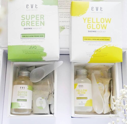 Ini diaa isi dari Easy Mix Face Mask Kit dari @evete_naturals . .Kit nya terdiri dari masker bubuk & essence yang terbuat dari bahan alami. Yang hijau namanya Super Green untuk membantu mengatasi kulit berjerawat. Yang kuning namanya Yellow Glow untuk mengatasi kulit kusam dan membantu menghilangkan bekas jerawat..Cus, Silahkan klik link di bio yaa atau ketik bit.ly/facemaskkit 💛💚💛💚💛💚....#NaturalMask #FaceMask #BeautyRedemption #BeautyRedemption #ClozetteID #ClayMask #LocalBrand