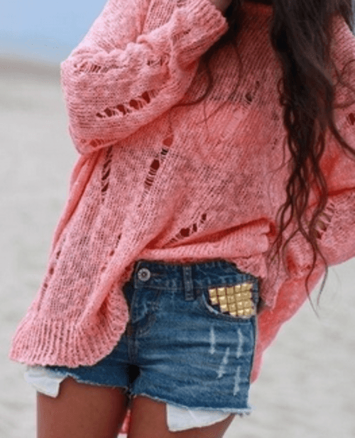 summery pink sweater. Jean shorts