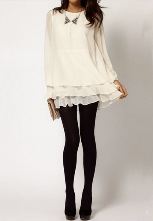 Creamy-white Cascading Ruffle Long Sleeve Chiffon Dress for white christmas style