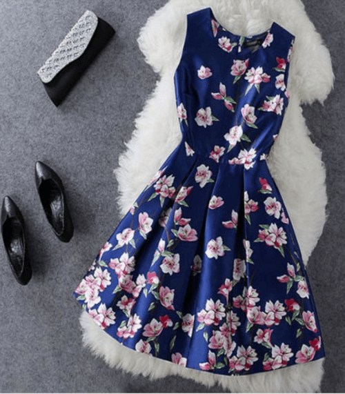 Cherry Blossoms Print Blue Pleated