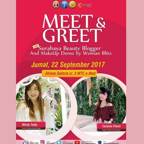 Kadang suka banyak yang nanya,  @sbybeautyblogger itu apa sih?  Blogger itu ngapain?  Kok beauty blogger sering dapet makeup gratis,  enak donk ya? 
Atau ada yang nanya,  gimana sih caranya gabung di Surabaya Beauty Blogger? Kenapa kok aku dibilang belum qualified? Kenapa e-mailku ngga dibales? 
Ada juga yang nanyain tips and trick makeup,  aku pake makeup apa kok ke event berjam-jam tapi masih kinclong padahal jenis kulitku oily? 
Nah yang punya berbagai pertanyaan atau cuma pengen hangout bersama aku dan member SBB yang lain,  cerita-cerita,  foto-foto dan belajar makeup,  ayo datang ke acara Meet and Greet kita yah (don't worry,  namanya aja yg meet and greet,  kita gak akan ada jarak kok hahaha kita juga bukan artis bo) 
Ngga cuma acaranya FREE tapi kalian akan dapat goodie bag dari @womanblitz!!! Uwow,  bisa have fun dan masih di kasih hadiah pula,  kurang apa lagi? 
Catat harinya
- Jumat, 22 September 2017
- Pukul 15.00
- Di Atrium Galeria lt.3 WTC E-mall

Info & pendaftaran:
Ayu (WA) 0857 320 98104
Atau DM Surabaya Beauty Blogger
Tempat terbatas!

Supported by:
@surabayabeautyblogger
@womanblitz
@wtc_emall

#surabayaevent #event #surabayabeautyblogger #sbb #womanblitz #wtcemall #beautyevent #makeupdemo #makeup #meetandgreet #womanblitzevent #clozetteid #sbybeautyblogger #beautynesiamember #bloggerceria #blogger #bblogger #beautyblogger #bbloggerid #indonesianblogger #indonesianbeautyblogger #surabaya #eventinfo #surabayabeautyblogger #surabayablogger