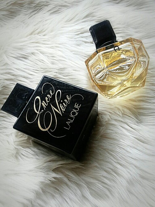 Encre Noire by Lalique & Aigner Pour Femme. Such a lovely combo, isn't it? ♥#perfume #lalique #encrenoire #aigner #pourfemme #fragrances #perfumery #black #gold #mycollection #parfum #brandedperfume #parfumoriginal 
