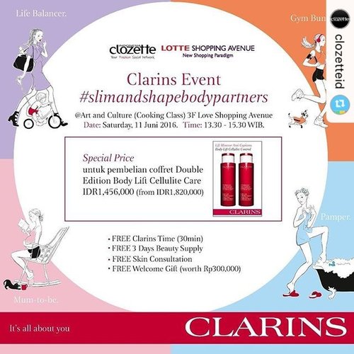 Some people thinks cellulite is a nightmare & some other thinks it’s something that we have to deal with when we are pregnant. Apa benar? Selulit bisa hilang nggak? Apa selulit & stretchmark sama?We know those questions instantly pop up on your mind ;) Kamu bisa cari tau di Clarins Event #slimandshapebodypartners, 11 Juni 2016 di Lotte Shopping Avenue.Ada 25 undangan untuk Clozetters yang akan kami pilih, caranya:1. Regram image ini & tulis apa bayanganmu tentang selulit pada caption-mu2. Sertakan hashtag #ClozetteID #slimandshapebodypartners #ClozetteIDxClarins3. Follow @ClozetteID & @ClarinsIndonesia4. Join Clozette Blogger Babes Asia di clozette.co.id/bloggerbabesasia This post from @clozetteid was reposted using @the.instasave.app by @appanova
