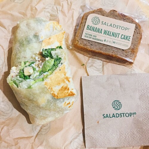 hail caesar wrap with roasted chicken + banana walnut cake by saladstop!