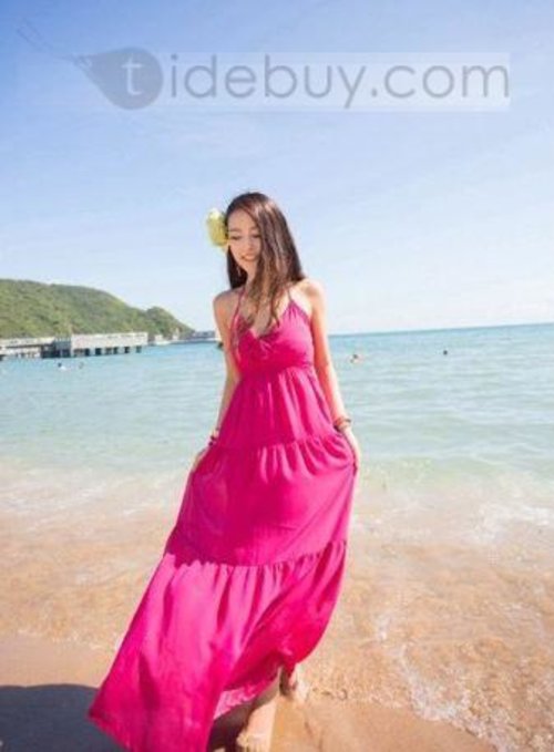 Polished New Summer Slim Halter Maxi Pure Color V-neckline Dress  : Tidebuy.com