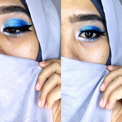 . .Produk:.@maybelline Fashion Brow Dark Grey-@latulipecosmetiques_ Highlight stick-@citycolorcosmetics & @inezcosmetics eyeshadow palette -@pac_mt eyeshadow pencil & mascara-@mizzucosmetics eyeliner -@mobcosmetic eyelashes...#eotd #blueeyeshadow #clozetteid #hijabandmakeup