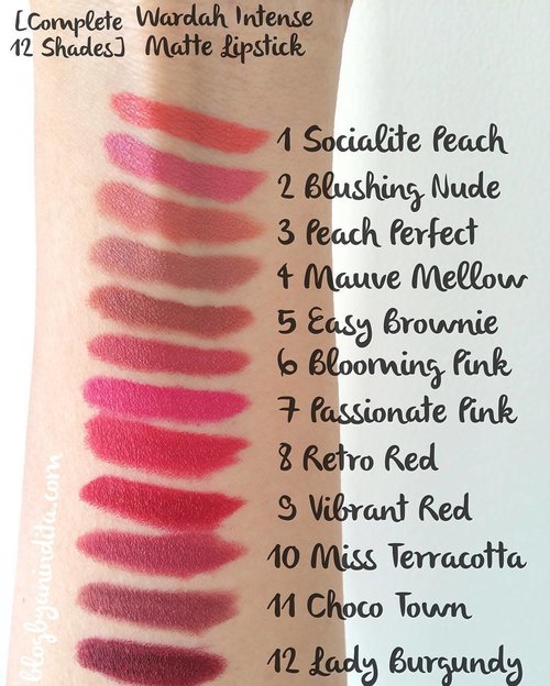 Nah kalau ini lip swatches lengkap 12 warna : Wardah Intense Matte Lipstick. Fotonya no filter no edit, hanya cahaya matahari pagi hari dari jendela aja. Moga2 bisa ngasih gambaran warna lippennya klo dipake yah.. Baca reviewnya di blogbyanindita.com yaa , thank youu 💋💋...#clozetteid #wardahbeauty #matteandmoist #wardahintensematte #beautybloggerid #lipswatch #hijabblogger #beautyreview