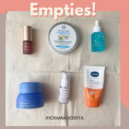 #EmptiesCha SkinCare yang empties di bulan April ini. Beberapa sudah ada yang repurchase lagi tentunya seperti si Camomile Balm @thebodyshopindo yang kategori can’t live without since 2018😍😍😍, dan juga  Moisturizer Ceramic Skin Saviour @somethincofficial yang sudah fix repurchase karena nyaman untuk segala kondisi kulit dan bisa di mix sama oil serum✅.
Walaupun belum semua tapi produk yang empties ini di dominasi #cleanbeauty squad. 

#IchaMauCerita Skin Preferences
💕Types: Combination to OILY
💕 Condition: Sensitive and redness is my bestfrend👻
💕 Interest in Plant Based Ingredients and Support Cruelty Free✅

Setelah Empties pastinya siap-siap di pick up jasa angkut sampah ni babes💛 Yess I’m on my way to be responsible beauty blogger😘
See you on next #EmptiesCha

#IchaMauCerita #emptiesfavourite #skincare #sensitiveskincareproducts #sensitiveskin #clozetteid