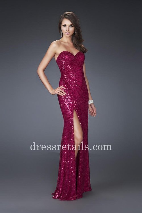  This gown has a strapless sweetheart neckline with a gathered waistline that will give you the ultimate hourglass figure! You'll sparkle the night away with the stunning all over sequins that lie along this dress. A side slit finishes off the look, giving you a lady like walk and an ease to dance!  Closure: Side ZipperDetails: Floor-Brushing Skirt, Ultra-High SideFabric: Chiffon Length: Floor LengthNeckline: Strapless Sweetheart Waistline: Natural
