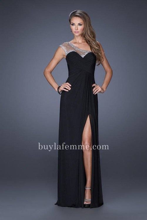 La Femme Style 20384 Long Prom Dress Features an Asymmetrical One Shoulder, Sheer and Straps Back with Small Iridescent Jeweled Embellishment, Criss Cross Ruched Bodice, Sexy Side Slit, and Sophisticated Net Skirt. This La Femme Long Dress is perfect for Prom Dress, Evening Dress, Winter Formal Dress, Homecoming Dress or Special Occasion Dress. Size: Standard Size or Custom Made SizeClosure: Side ZipperDetails: Side Slit, Ruched bodiceFabric: JerseyLength: LongNeckline: One StrapWaistline: NaturalColor: BlackTag: Black, Long, One Strap, Slit, Prom Dresses, La Femme 20384