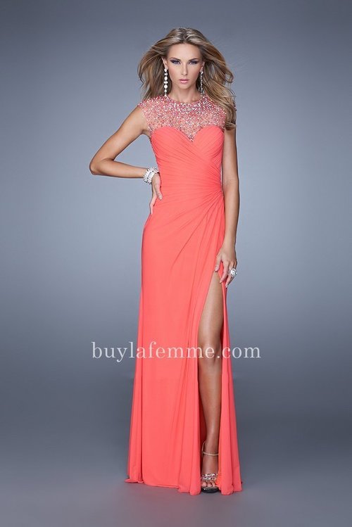 Yet another very unique and exciting piece that is sure to be a bestseller from La Femme 21246. This wonderful gown is perfect for young women who love to party! This dress features a sweetheart neckline and Net overlay that is truly lovely while the gathered bodice creates a sexy form fitting shape. Perfect for 2015 Prom Dress, Homecoming Dress, Holiday Dress, Winter Formal Dress, or Special Occasion Dress. Size: Standard Size or Custom Made SizeClosure: Side ZipperDetails: Beaded Top and Back, Side SlitFabric: Net JerseyLength: LongNeckline: High NeckWaistline: NaturalColor: Pink GrapefruitTag: Pink Grapefruit, Long, High Neck, Side Slit, Prom Dresses, La Femme 21246