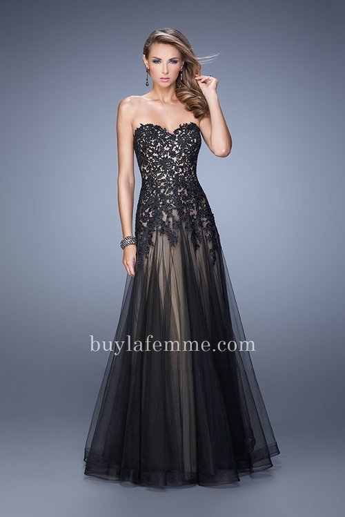 Beautiful La Femme Style 21527 Prom Dress Features a Sweetheart Neckline, Beaded Lace Bodice, and Floor Length Tulle Skirt. Perfect for 2015 Prom Dress, Graduation Dress, Holiday Dress, Winter Formal Dress, Evening Dress, Homecoming Dress, or Special Occasion Dress. Size: Standard Size or Custom Made SizeClosure: Back ZipperDetails: Lace Top, A-lineFabric: TulleLength: LongNeckline: Strapless SweetheartWaistline: NaturalColor: Black/NudeTag: Black/Nude, Long, Strapless, A-line, Prom Dresses, La Femme 21527