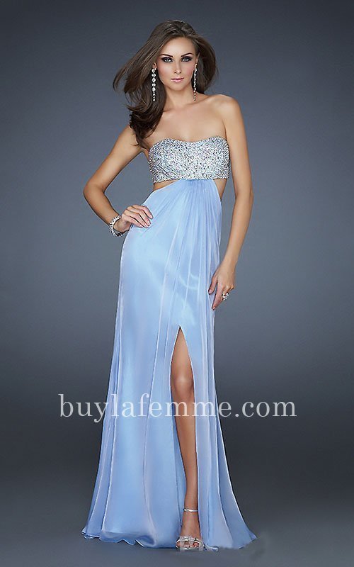 This Dress is perfect for a Prom Dress, Winter Formal Dress, or Homecoming Dress. This Strapless Dress features a beaded upper bodice, side cutouts, ruched bust line, and front slit. An open back with bead work and tie closure complete this look. Size: Standard Size or Custom Made SizeClosure: Side Zipper, Manual Bow Tie Back Details: Beaded Bodice, Open Back Fabric: Poly Chiffon Length: Long Neckline: Strapless Sweetheart Waistline: NaturalColor: Light BlueTag: Sequin, Open back, Strapless, Light Blue, Long, Homecoming Dress, La Femme 16291