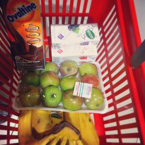 Today just went to supermarket n bought Chocolate milk, my fav banana, apple and my fav yogurt @heavenlyblushyogurt. 😘😍😘 Perfect !! #keephealthy 
#clozetteid #heavenlyblushyogurt
