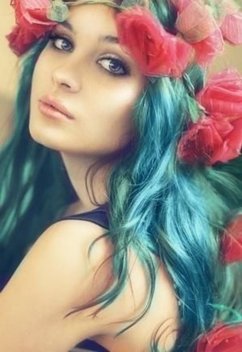 Pastel Blue-green hair with flowers 