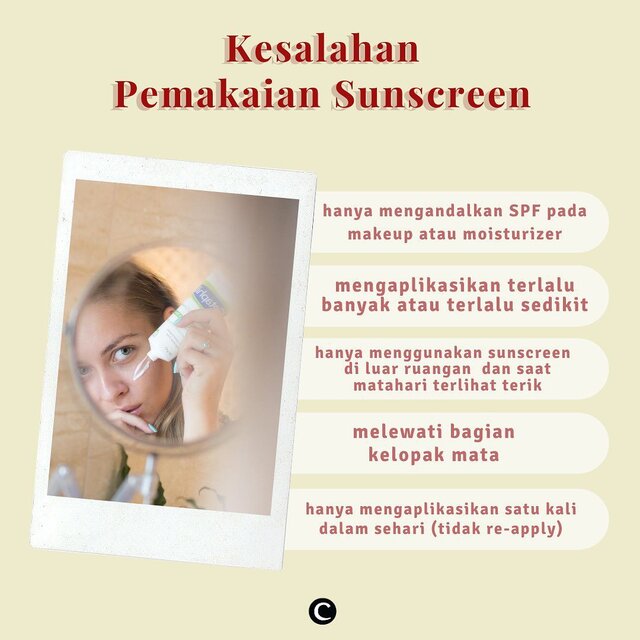 Memakai sunscreen adalah cara terbaik untuk melindungi kulit kita dari paparan sinar matahari yang kurang baik untuk kesehatan kulit. Namun, tahukah kamu kalau masih banyak dari kita yang mengaplikasikan sunscreen dengan kurang tepat yang tentu saja akan mengurangi manfaat sunscreen bagi kulit kita. Cek beberapa kesalahan pemakaian sunscreen berikut ini dan kalau kamu termasuk yang masih melakukannya, jangan diulangi lagi, ya!👀Psst.... swipe left untuk lihat beberapa rekomendasi sunscreen untuk daily dari Clozette!#ClozetteID #ClozetteIDCoolJapan #ClozetteXCoolJapan #sunscreen