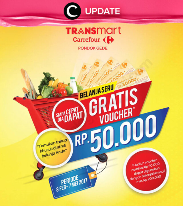 Sudah belanja kebutuhan rumah tangga bulan ini? Jika belum, wajib kunjungi transmart Pondok Gede karena ada kesempatan mendapat voucher 50 ribu rupiah di bagian bawah struk jika kamu beruntung. Jangan sampai kelewatan karena promo ini berlaku hingga 7 Mei 2017. Jangan lewatkan info seputar acara dan promo dari brand/store lainnya di Updates section.