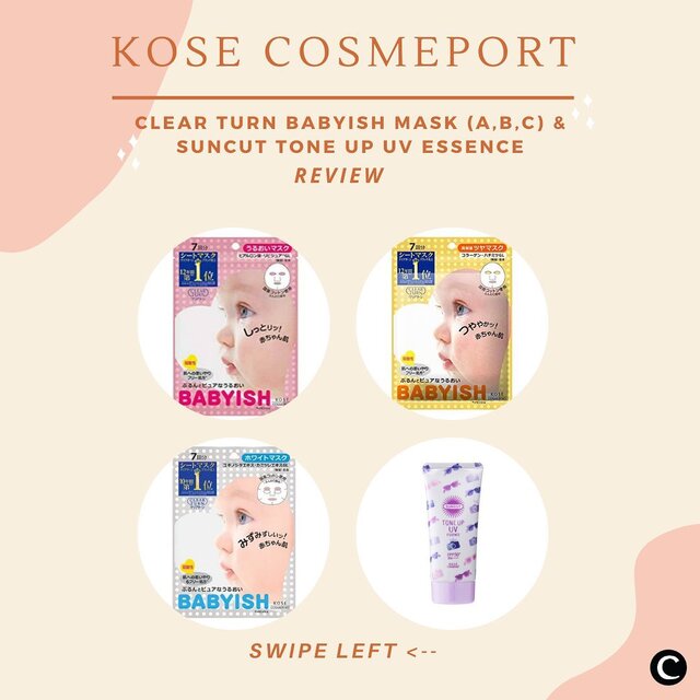 Siapa sih yang nggak ingin memiliki kulit lembap dan cerah? Psst, ada rekomendasi beauty produk dari @Kosecosmeportid, nih! Ada Clear Turn Babyish Pure Mask A, B & C serta Suncut Tone UP UV Essence.Clear Turn Babyish Pure Mask A memiliki kandungan hyaluronic acid, lipidure, asam amino dan gliserin yang dapat melembapkan kulit secara ekstra. Untuk kamu yang berusia diatas 25 cocok untuk pakai Clear Turn Babyish Pure Mask B, karena fungsinya untuk meningkatkan elastisitas kulit wajah kamu dengan kandungan collagen, honey, amino acid dan hyaluronic acid. Yang ingin wajah lebih cerah, pakai Clear Turn Babyish Pure Mask C, ya! Karena mengandung vitamin C, hyaluronic acid, gliserin, amino acid. Pilih sesuai kebutuhan kulit kamu, ya! Maskernya mudah diaplikasikan dan essence-nya mudah meresap. Terdapat 7 sheet mask dalam 1 packaging, serta ada zipper lock-nya.Sedangkan Suncut Tone UP UV Essence bisa sebagai base makeup kamu juga, lho! Mengandung SPF 50+ PA++++ yang dapat melindungi kulit dari efek buruk paparan sinar UVA & UVB. Memiliki allerguard formula untuk mencegah menempelnya polusi dari luar serta dapat mencerahkan kulit seketika.Khusus Babyish Mask, kamu bisa dapatkan eksklusif di @watsonsindo! So, grab it fast#SuncutBeraniMatahari #EsokBersamaKose #Kosecosmeportid #MaskeranPakaiClearturn #EsokBersamaKose #Kosecosmeportid #ClozetteID#ClozetteIDCoolJapan #ClozetteXCoolJapan