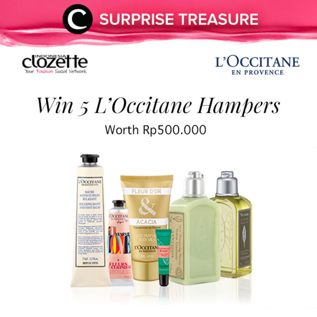 Pasti nggak sabar ya nunggu Surprise Treasure bulan April ini?? Congrats if you find this banner! Seperti yang udah bisa dilihat di banner, kali ini kita bekerja sama dengan L'Occitane untuk memberikan hampers senilai 500.000 rupiah masing-masing untuk 5 pemenang!
Untuk memenangkannya, jawab pertanyaan berikut:
Tahun 1997, L'Occitane pertama kali membuka butik pertamanya di negara mana?
(Cek jawabannya di website http://id.loccitane.com/)
Jawaban kami tunggu paling lambat 16 April 2017.
Good luck!