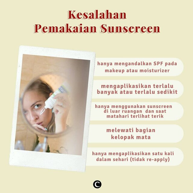 Memakai sunscreen adalah cara terbaik untuk melindungi kulit kita dari paparan sinar matahari yang kurang baik untuk kesehatan kulit. Namun, tahukah kamu kalau masih banyak dari kita yang mengaplikasikan sunscreen dengan kurang tepat yang tentu saja akan mengurangi manfaat sunscreen bagi kulit kita. Cek beberapa kesalahan pemakaian sunscreen berikut ini dan kalau kamu termasuk yang masih melakukannya, jangan diulangi lagi, ya!👀Psst.... swipe left untuk lihat beberapa rekomendasi sunscreen untuk daily dari Clozette!#ClozetteID #ClozetteIDCoolJapan #ClozetteXCoolJapan #sunscreen