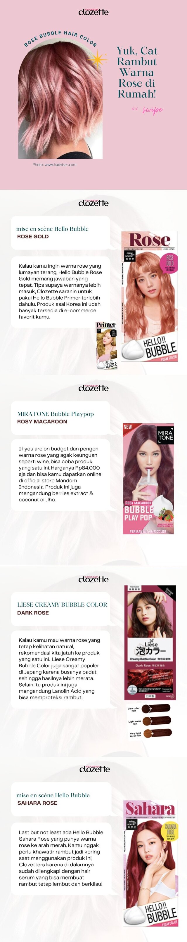 Cat rambut warna rose sendiri di rumah? Why not!
Kalau kamu suka ganti warna rambut, harus kenalan nih sama cat rambut tipe bubble yang gampang banget dipakai sendiri di rumah. Jenis cat rambut ini dikemas dalam bentuk foam yang mudah diaplikasikan seperti saat kita sedang keramas aja, lho. Selain rose, enaknya kita rekomendasi warna apa lagi, ya? Komen di bawah, yuk.
#ClozetteID #ClozetteXCoolJapan #ClozetteIDCoolJapan #hellobubble #lieseprettia #liese #blackpink