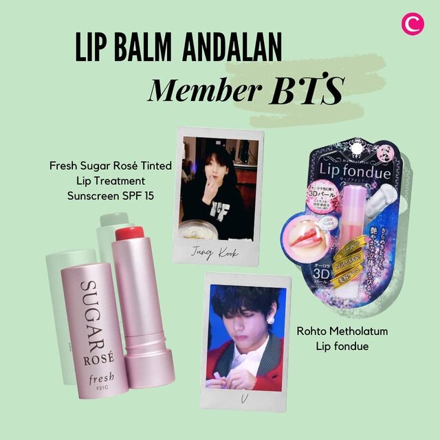 Ternyata member BTS merupakan penggemar berat lip balm, & we can say they know how to choose a good one! Beberapa diantaranya, Fresh Sugar Rosé Tinted Lip Treatment Sunscreen SPF 15 yang dipakai Jung Kook saat sedang live di media sosial V-Live dan Rohto Mentholatum Lip fondue yang dipakai Taehyung a.k.a V di acara Melon Music Awards 2019..Merupakan salah satu produk best seller, Fresh Sugar Rosé Tinted Lip Treatment Sunscreen SPF 15 memberikan warna sheer blush saat digunakan. Lip balm dengan harga $24 ini punya tiga belas varian lain dengan warna yang berbeda, lho..Lalu untuk Rohto Mentholatum Lip fondue mempunyai hasil yang cukup glossy, tetapi banyak review yang mengatakan lip balm asal Jepang ini memberikan rasa lembap yang intens dan tahan lama! Walaupun belum resmi masuk ke Indonesia, lip balm ini banyak dijual di e-commerce dengan harga Rp100.000 ke atas..Kamu pilih lip balm favorit Jung Kook atau V, Clozetters?.#ClozetteID #ClozetteXCoolJapan #ClozetteIDCoolJapan #BTSLipBalm #LipBalmBTS #FreshSugarRosé