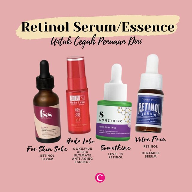 Skincare apa yang cocok untuk umur di atas 25 tahun? Hmm, pertanyaan seperti ini sering banget kita dengar. Biasanya, umur 25 tahun ke atas sudah boleh memasukkan produk anti aging ke rutinitas skincare. Salah satu kandungan anti aging yang populer sekaligus favorit Clozette Crew adalah Retinol!.Kandungan ini dapat menstimulasi proses regenerasi kulit dan produksi kolagen. Retinol juga biasa digunakan untuk mengobati jerawat, lho. Namun produk dengan kandungan retinol hanya bisa digunakan di malam hari, ya Clozetters..Beberapa produk yang bisa kamu coba adalah @forskinssake Retinol Serum, @hadalaboid Alpha Gokujyun Anti Aging Essence, @somethincofficial Level 1% Retinol, dan @votre_peau Retinol + Ceramide Serum. Masing-masing mempunyai komposisi dan kadar retinol yang beragam, jadi sesuaikan dengan kebutuhan kulit kamu, ya. :).#ClozetteID #ClozetteXCoolJapan #ClozetteIDCoolJapan #RetinolSerum #Retinol #ForSkinSake #Somethinc #HadaLabo #VotrePeau