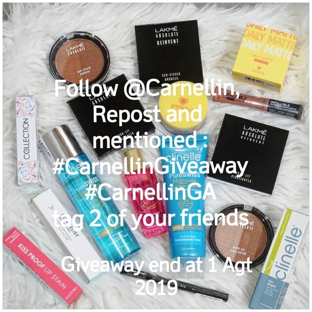 Hello everybodihhh hehe, setelah cek dan ricek isi lemari, saatnya untuk #CarnellinGA alias #CARNELLINGIVEAWAY lagi.
Semuanya baru dan siap meluncur untuk 1 pemenang yang beruntung.
As usual, caranya mudah:
1. Follow akun @Carnellin
2. Repost dengan tag 2 teman kamu, lalu pakaikan hastag wajib #CarnellinGA dan #carnellingiveaway (jangan tag @Carnellin) pemenang dipilih dari hashtag wajib aja.
3. Boleh spam like dan komen di postingan aku yang lain.
Hadiahnya kali ini ada apa aja?
1. #Clinelle Caring Milk Cleanser
2. Clinelle Hydra Calm Lotion
3. #Emina Daily Matte Loose Powder (shade Natural Beige)
4. #Collectioncosmeticsid Moisturizing Lip Cream Matte (shade Red Scarlett).
5. @collectioncosmetics_id Kiss Proof Lip Stain (Shade Corale).
6. @clinelleid Eye Bright
7. #Althea Skin Relief Spot Film Gel
8. L'Oreal Paris Extraordinary Oil
9. #Lakme SunKissed Bronzer
10. #lakmemakeup Moon Lit Highlighter (my favorite).
11. #LorealParis Infallible Pro Matte Liquid Lipstick (Nudist)
12. LAKME Precision Liquid Liner.
Worth millions kannn.
Hayuu ikutan dengan semangat karena kali ini karena pemenangnya satu ajah tapi bejibun prize nyah. Dari skincare sampe makeup base dan color ada semua.
Siapa aja boleh ikut, mau tinggal dimanapun terserah hehe karena ongkir ditanggung pemenang.
#giveaway berakhir tanggal 1 Agustus 2019.
Yang ikutan boleh kok komen wara wiri disini sekalian absen hehe.
#giveaway #hadiah #blogger #cantik #bloggergiveaway #kosmetik #skincare #produklokal #hype #igers #igdaily #flatlay #makeupofteday #makeup #Clozetteid
